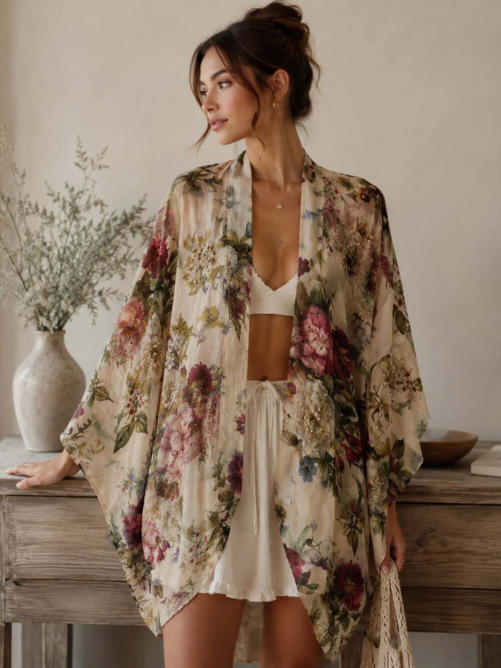 Aratta Belle Hand Embellished Kimono Vintage Ivory Floral Beaded Duster One Size